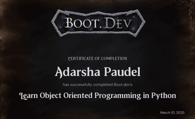 Object Oriented Programming in Python certification from Boot.Dev